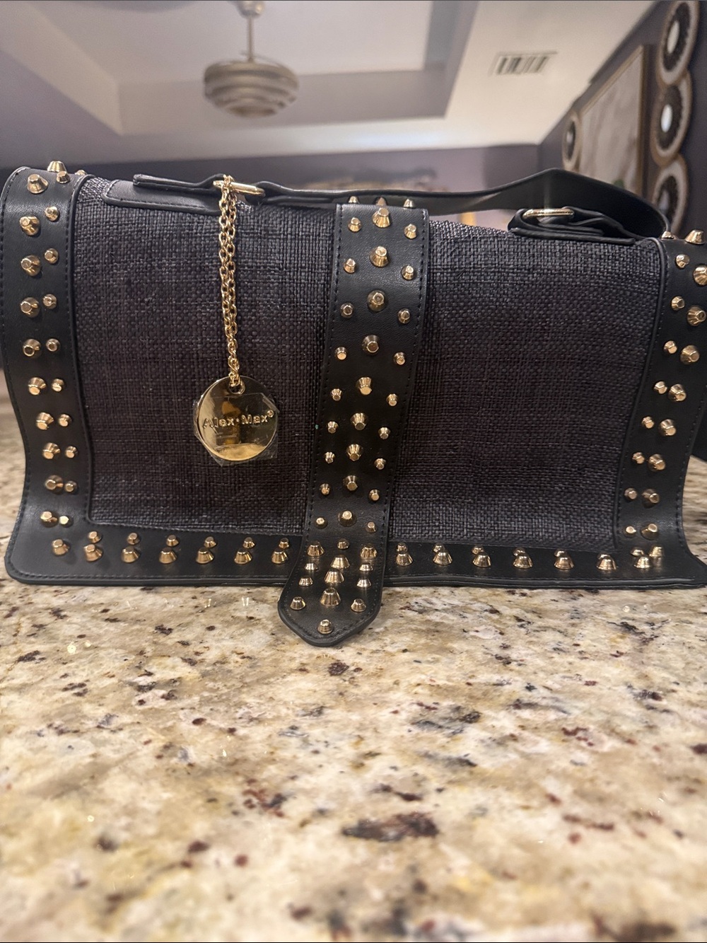 Alex*Max Black Studded Shoulder Bag with Gold Accents